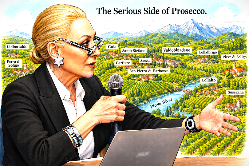 An illustration titled "The Serious Side of Prosecco." in the upper center. In the foreground, a blonde woman with stylish eyeglasses and a black blazer sits behind a desk with a laptop, holding a microphone in one hand while gesturing with the other. The background depicts a lush, rolling vineyard landscape with the Piave River winding through it, nestled beneath distant mountains. Various towns and vineyard zones are labeled across the hills, including Colbertaldo, Farra di Soligo, Guia, Cartizze, Santo Stefano, Sacco, Valdobbiadene, San Pietro di Barbozza, Collalbrigo, Collalto, Pieve di Soligo, and Susegana.