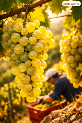 Ripe white grapes on the vine with a harvester in the background